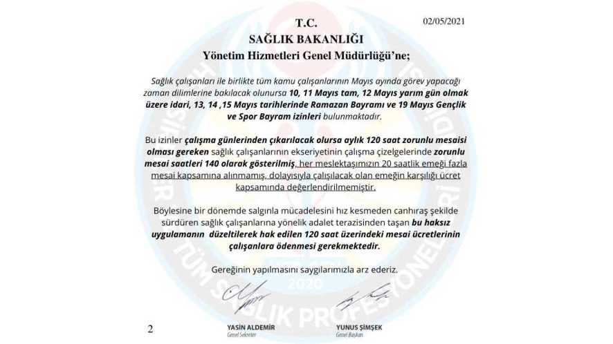 Sağlık Bakanlığı Yönetim Hizmetleri Genel Müdürlüğü’ne gönderdiğimiz, 120 saat zorunlu çalışma sürelerinin çalışanlara 140 saat olarak tanınmasına dair yazımız.